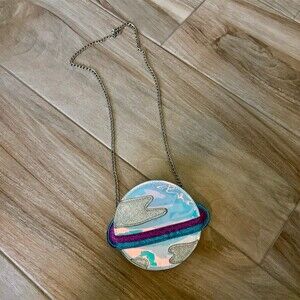 LUI SUI Saturn Planet Round Crossbody Bag Purse Holographic Silver Chain